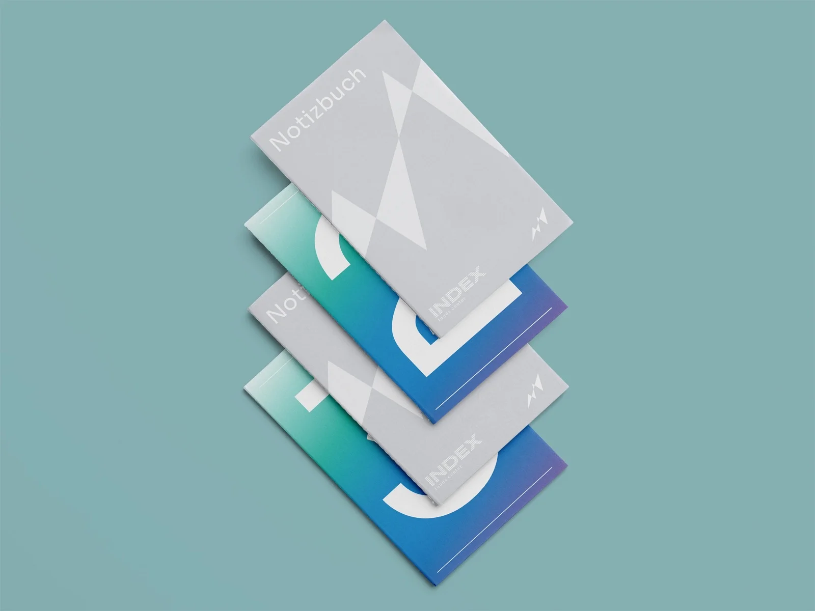 Gestapelte Notizbücher mit Verlaufsumschlag — Index Fonds Center, Corporate Design