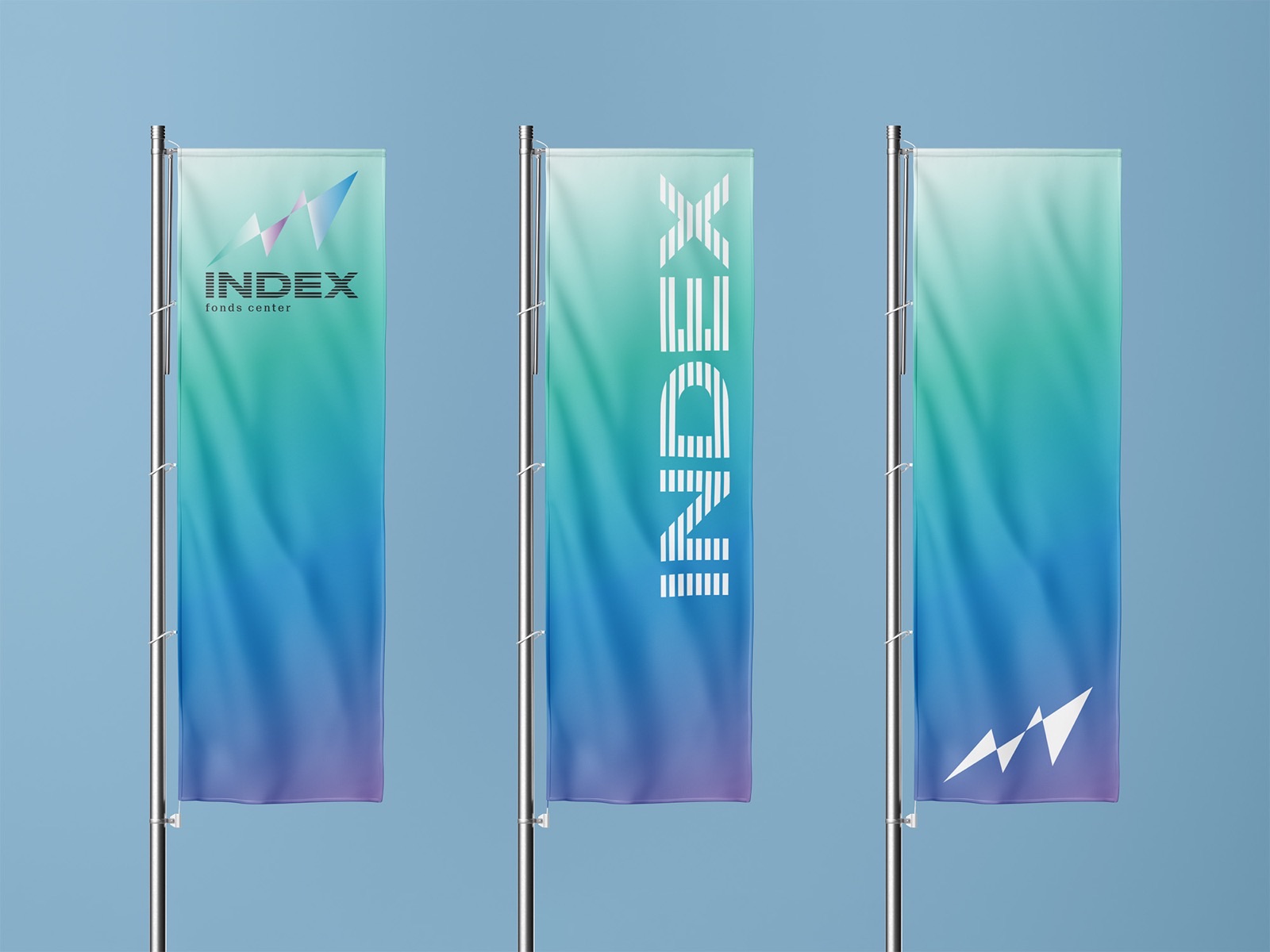 Drei Fahnen mit Wortmarke und Bildzeichen — Index Fonds Center, Corporate Design