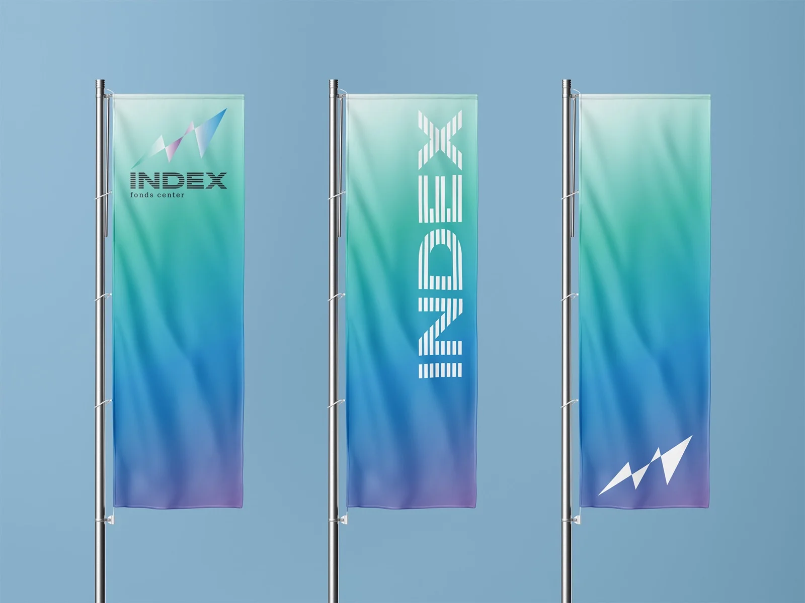 Drei Fahnen mit Wortmarke und Bildzeichen — Index Fonds Center, Corporate Design