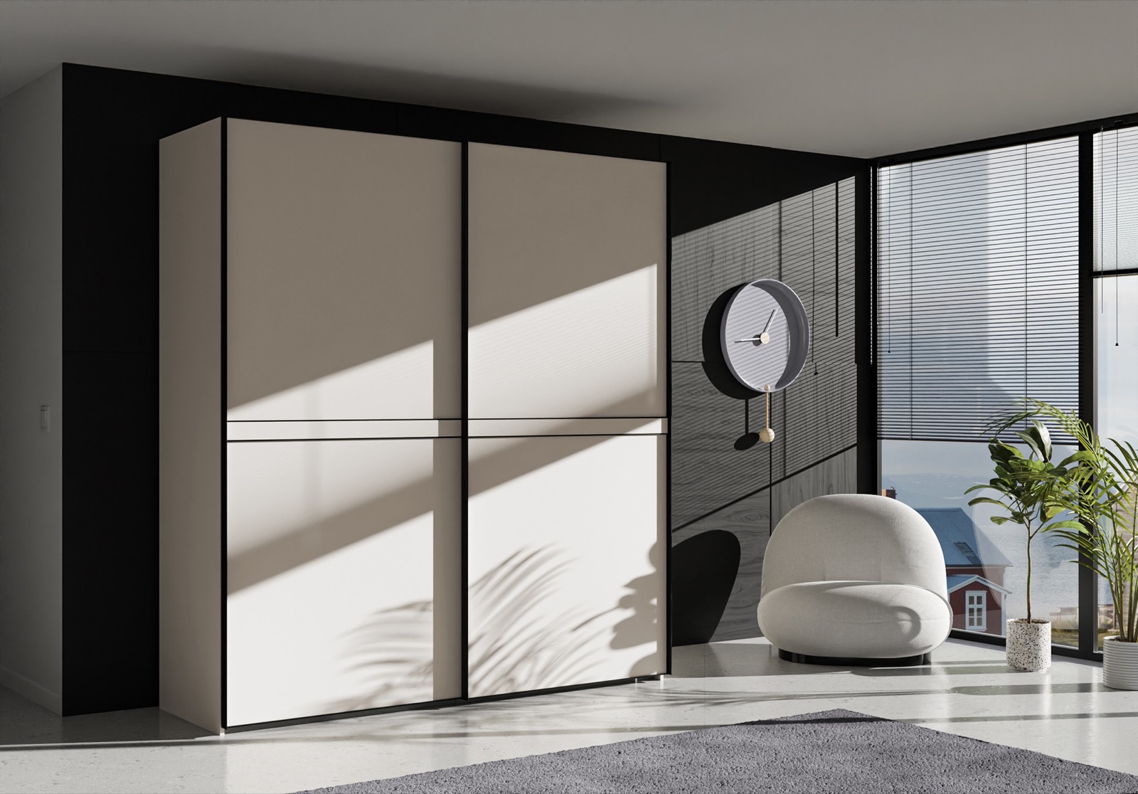 Schiebetürenschrank im Wohnraum, gerendert — Nolte Möbel, Produktvisualisierung