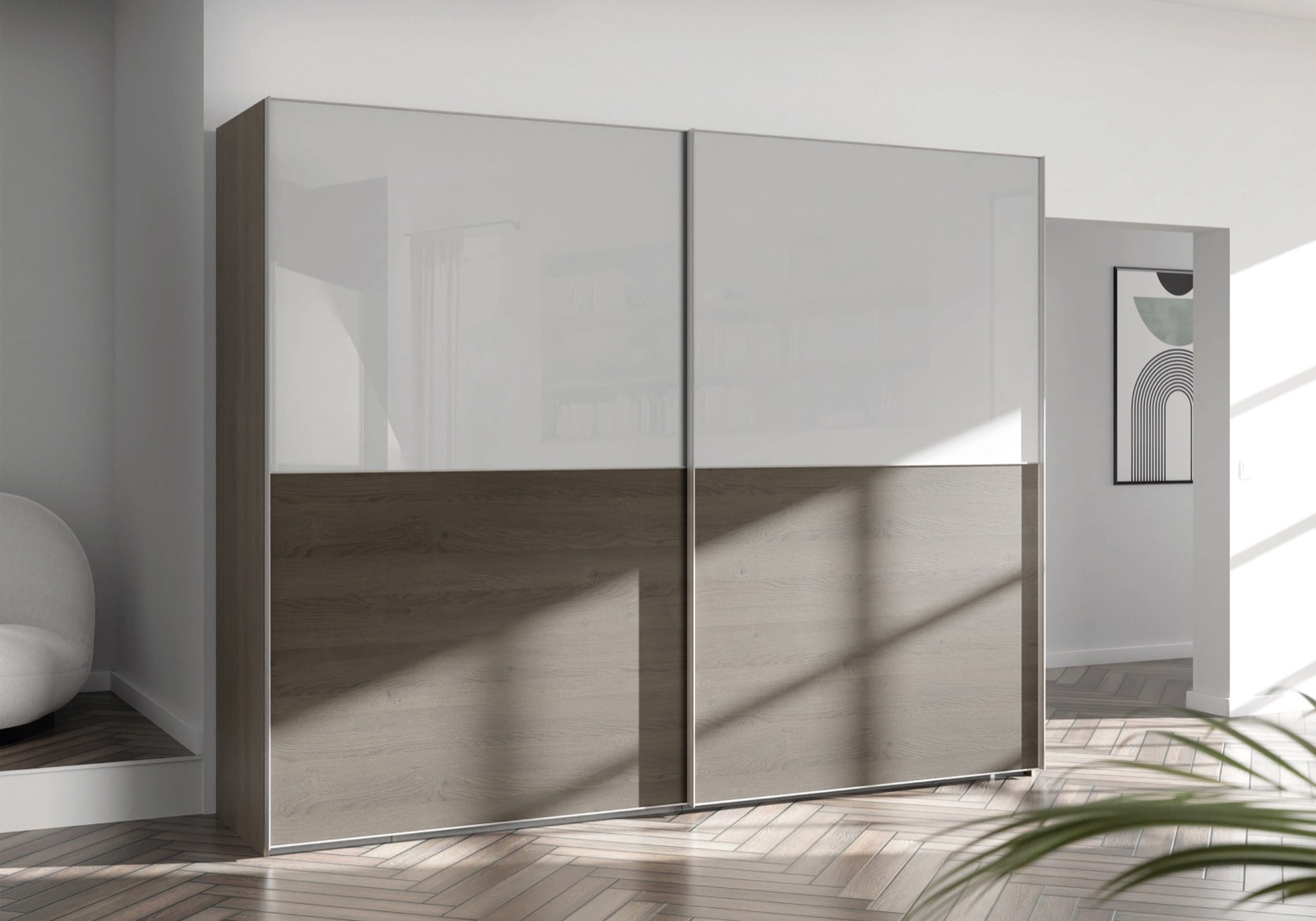 Schrank mit Glas- und Holzfront in hellem Raum — Nolte Möbel, Produktvisualisierung
