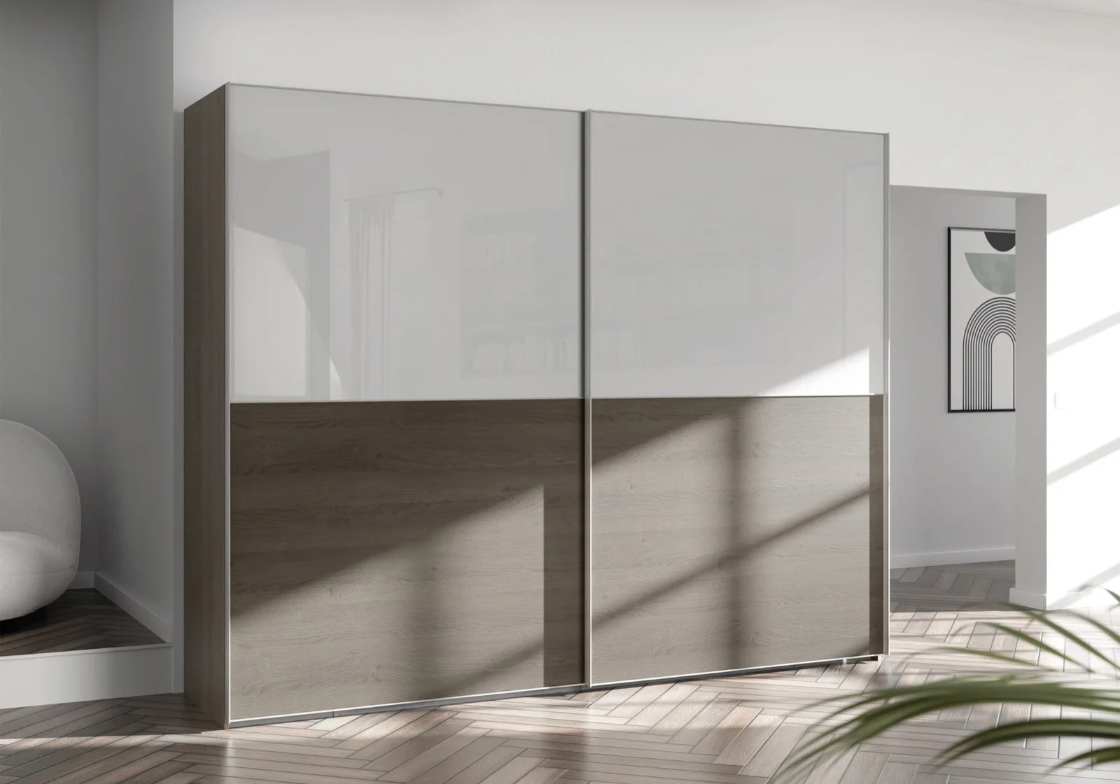Schrank mit Glas- und Holzfront in hellem Raum — Nolte Möbel, Produktvisualisierung