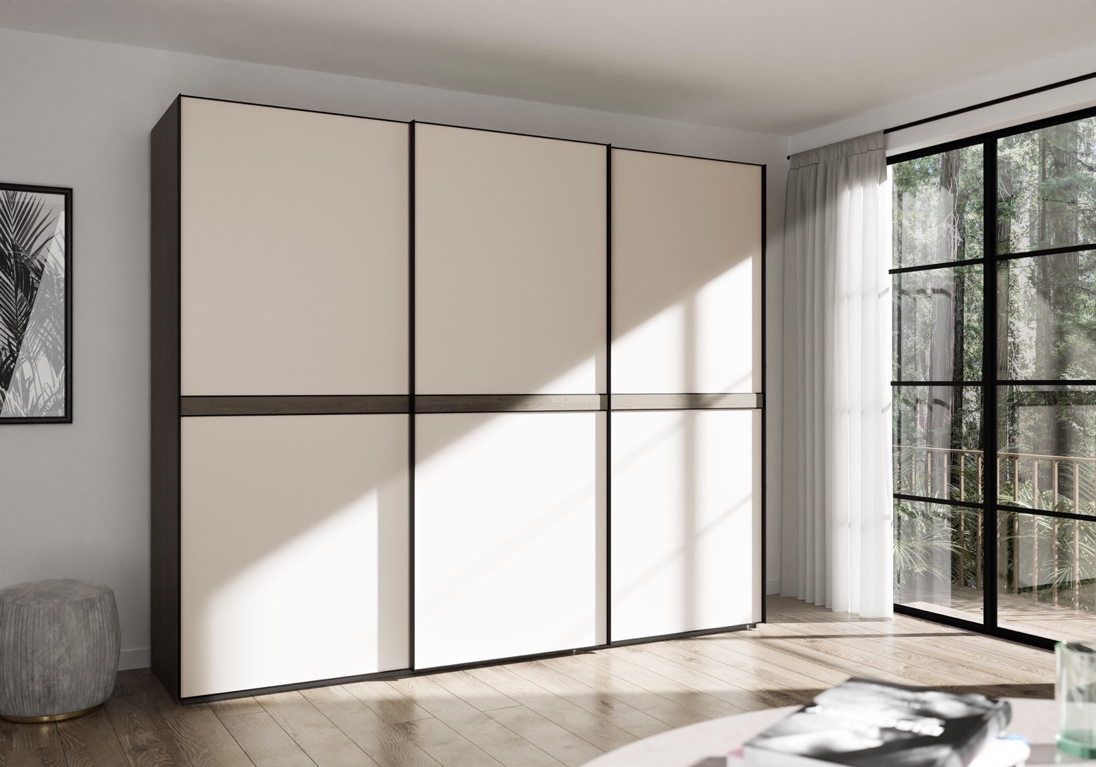 Schrank mit heller Front vor bodentiefer Fensterfassade — Nolte Möbel, Produktvisualisierung