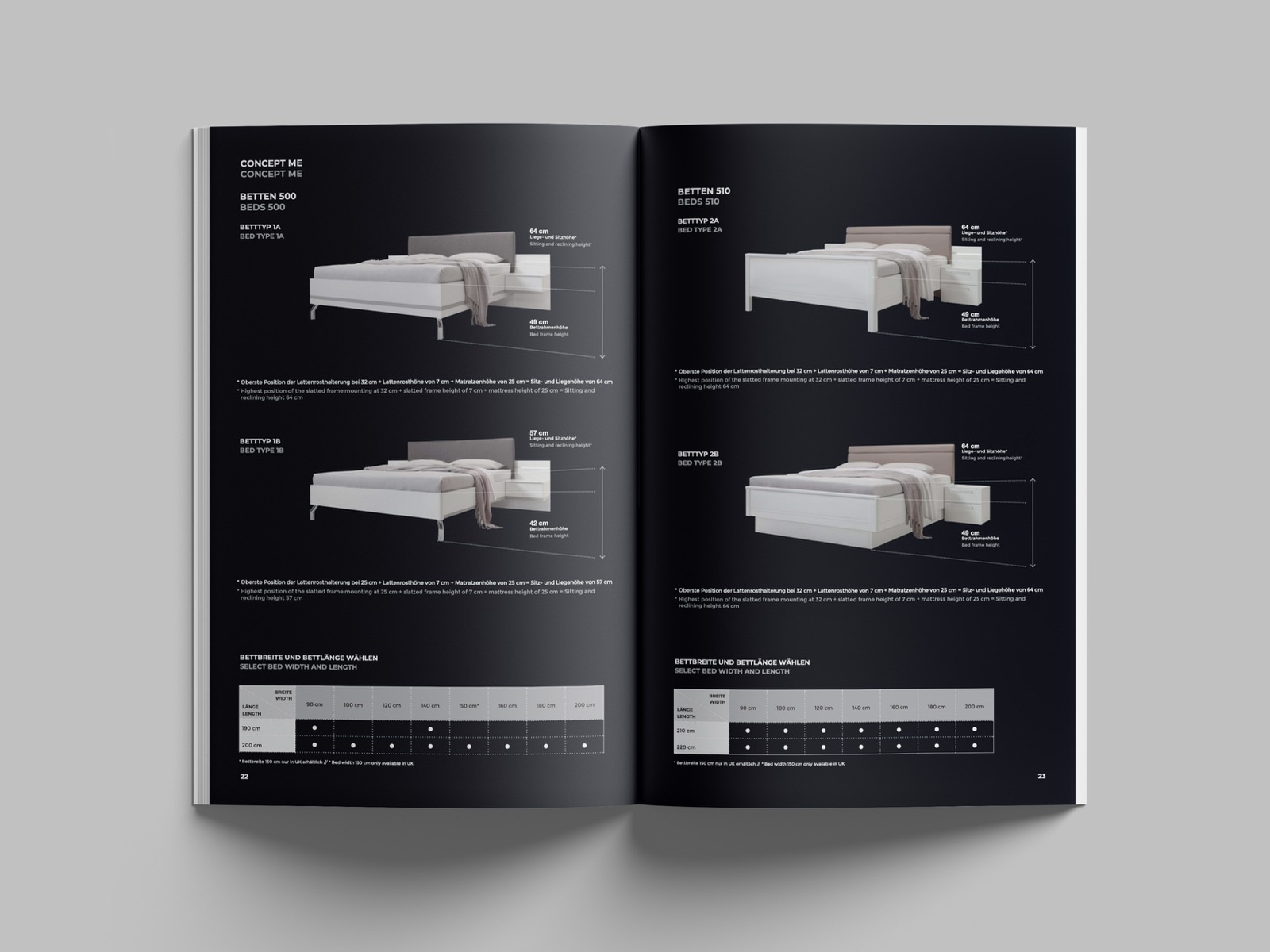 Katalogdoppelseite mit Bettmodellen und Maßangaben — Nolte Möbel, Katalog