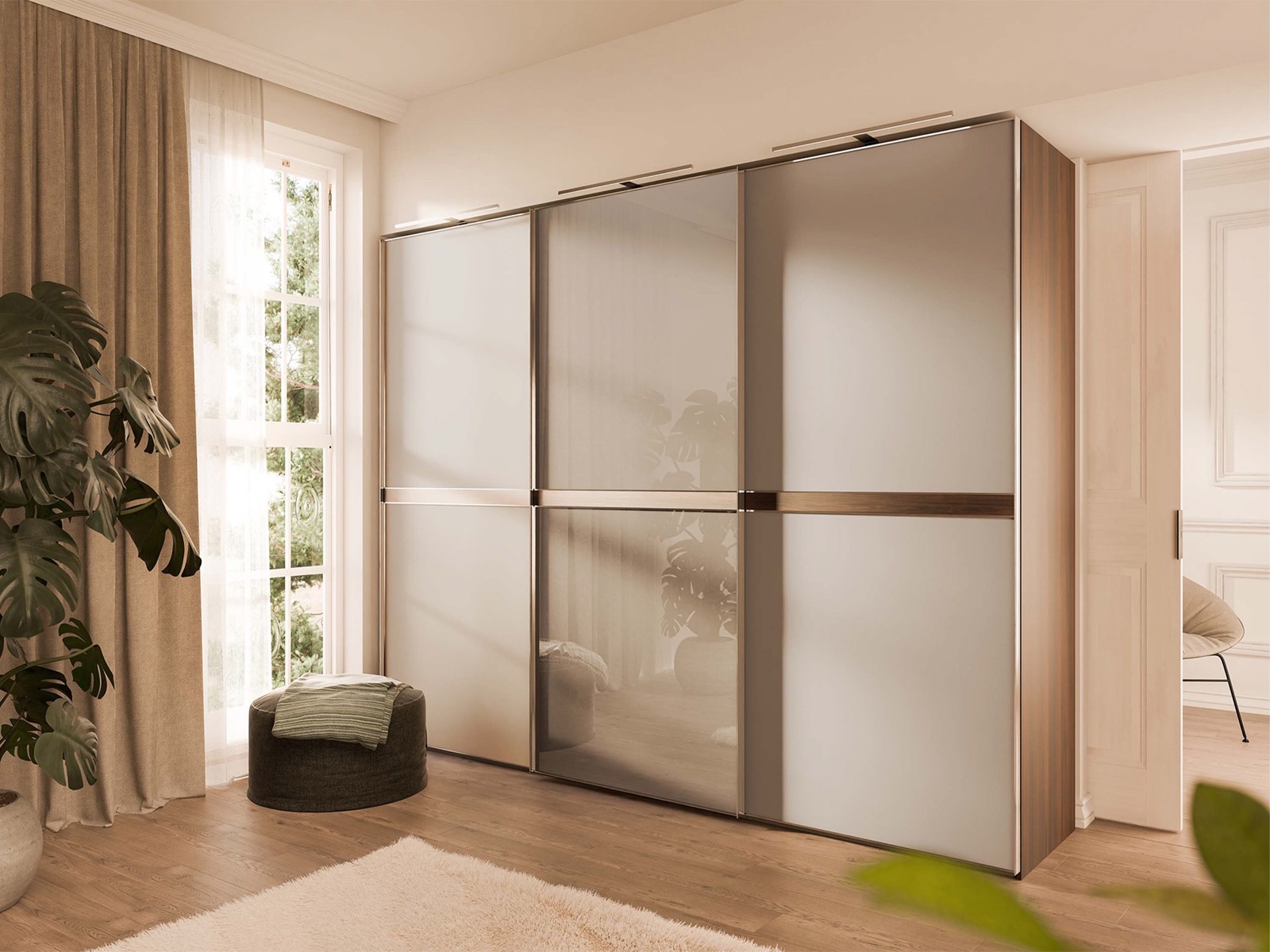 Schiebetürenschrank mit Glasfront in hellem Schlafzimmer — Nolte Möbel, Produktvisualisierung