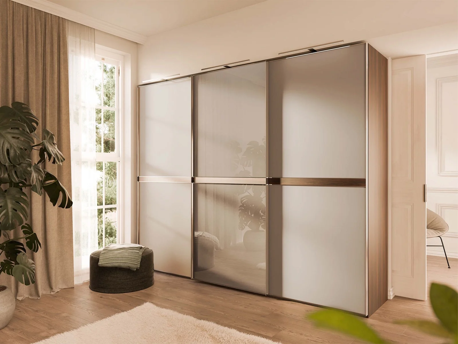 Schiebetürenschrank mit Glasfront in hellem Schlafzimmer — Nolte Möbel, Produktvisualisierung