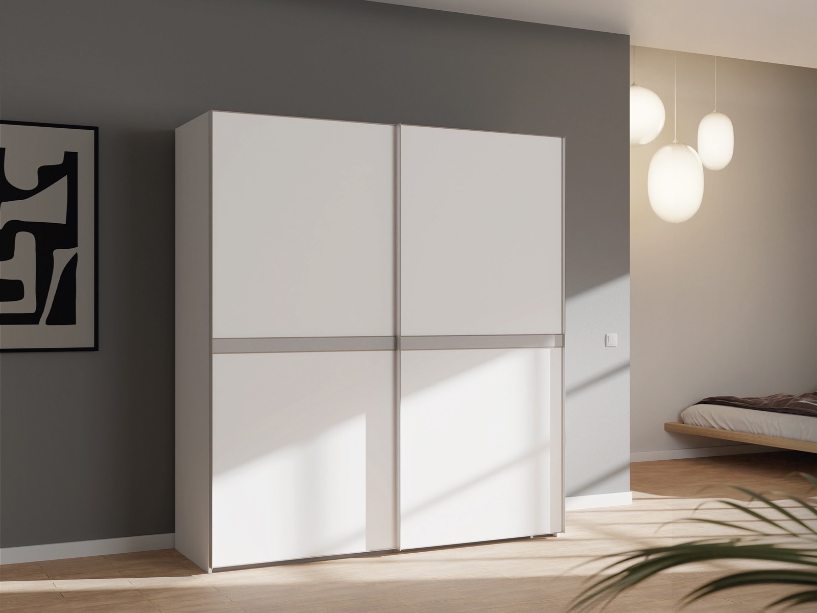 Weißer Schiebetürenschrank vor grauer Wand mit Pendelleuchten — Nolte Möbel, Produktvisualisierung