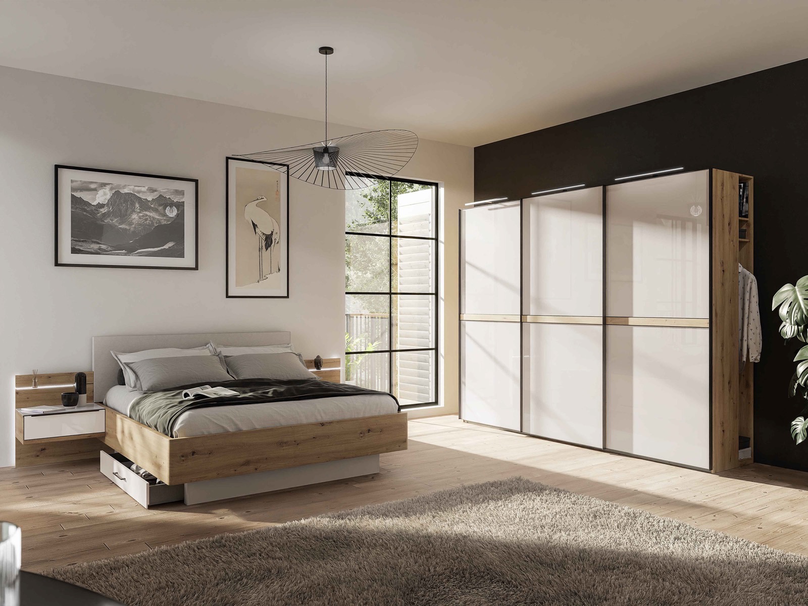 Schlafzimmer mit Bett und hellem Schiebetürenschrank vor dunkler Wand — Nolte Möbel, Produktvisualisierung