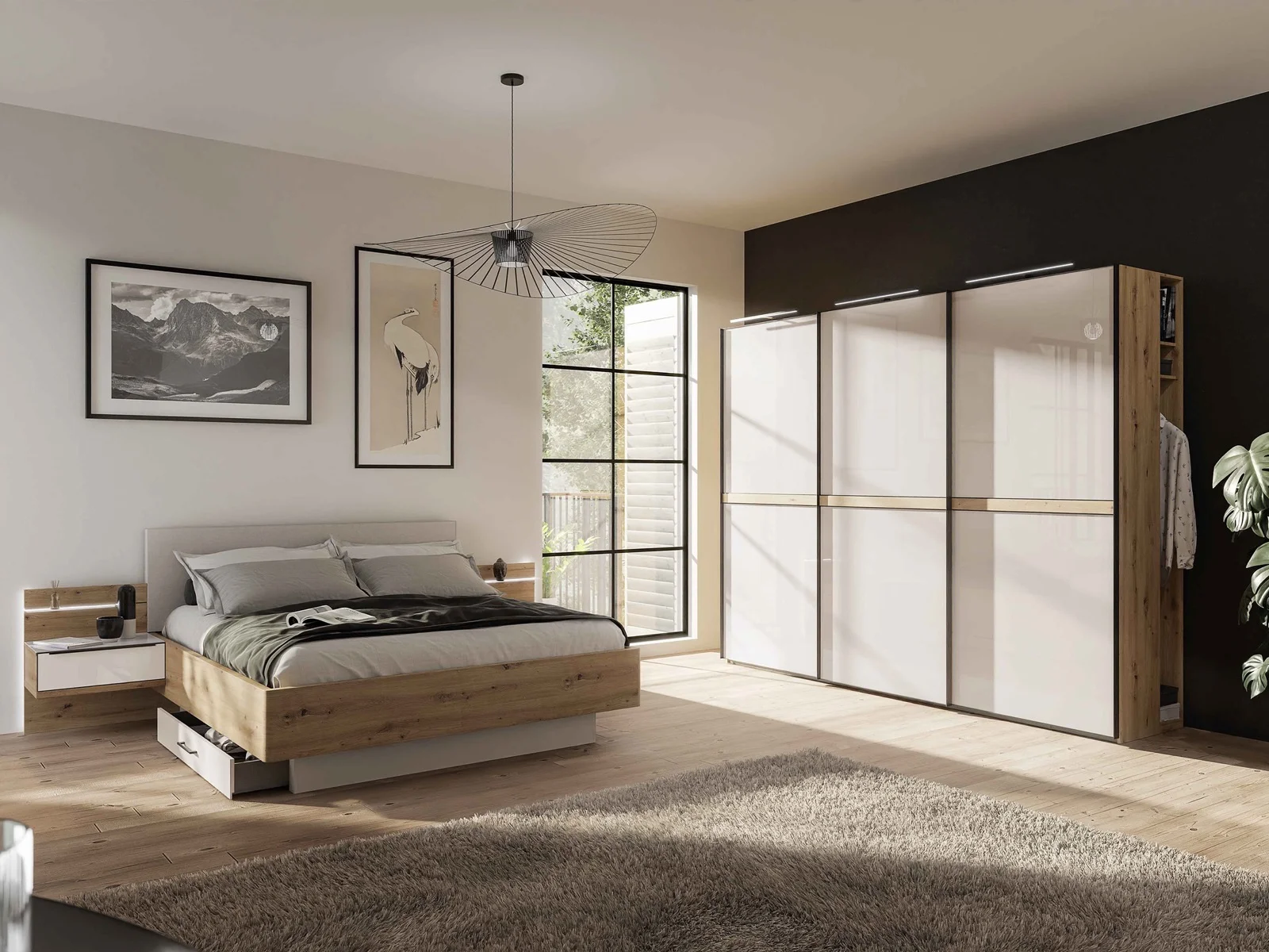 Schlafzimmer mit Bett und hellem Schiebetürenschrank vor dunkler Wand — Nolte Möbel, Produktvisualisierung