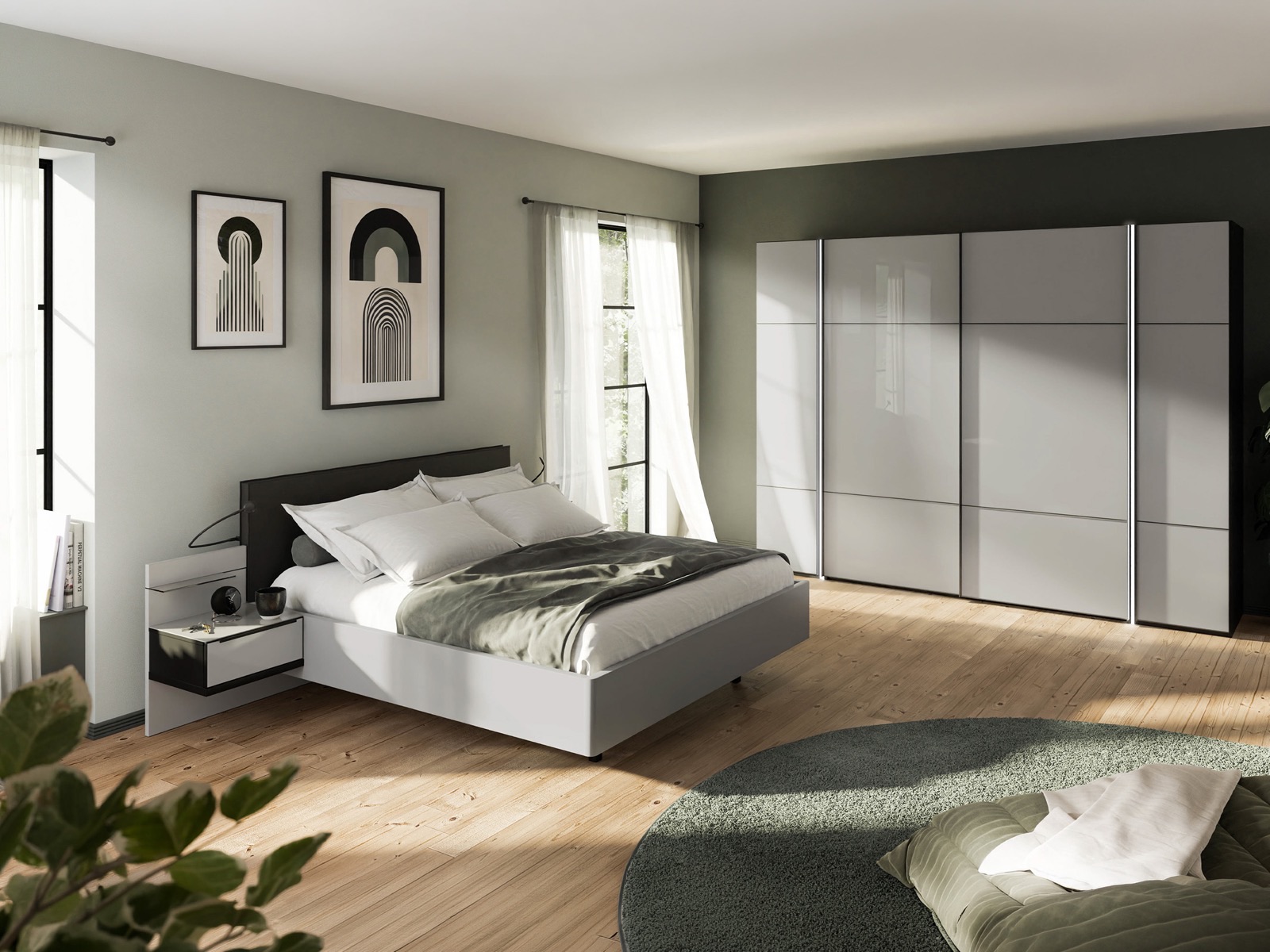 Grünes Schlafzimmer mit hochglänzendem Schiebetürenschrank — Nolte Möbel, Produktvisualisierung