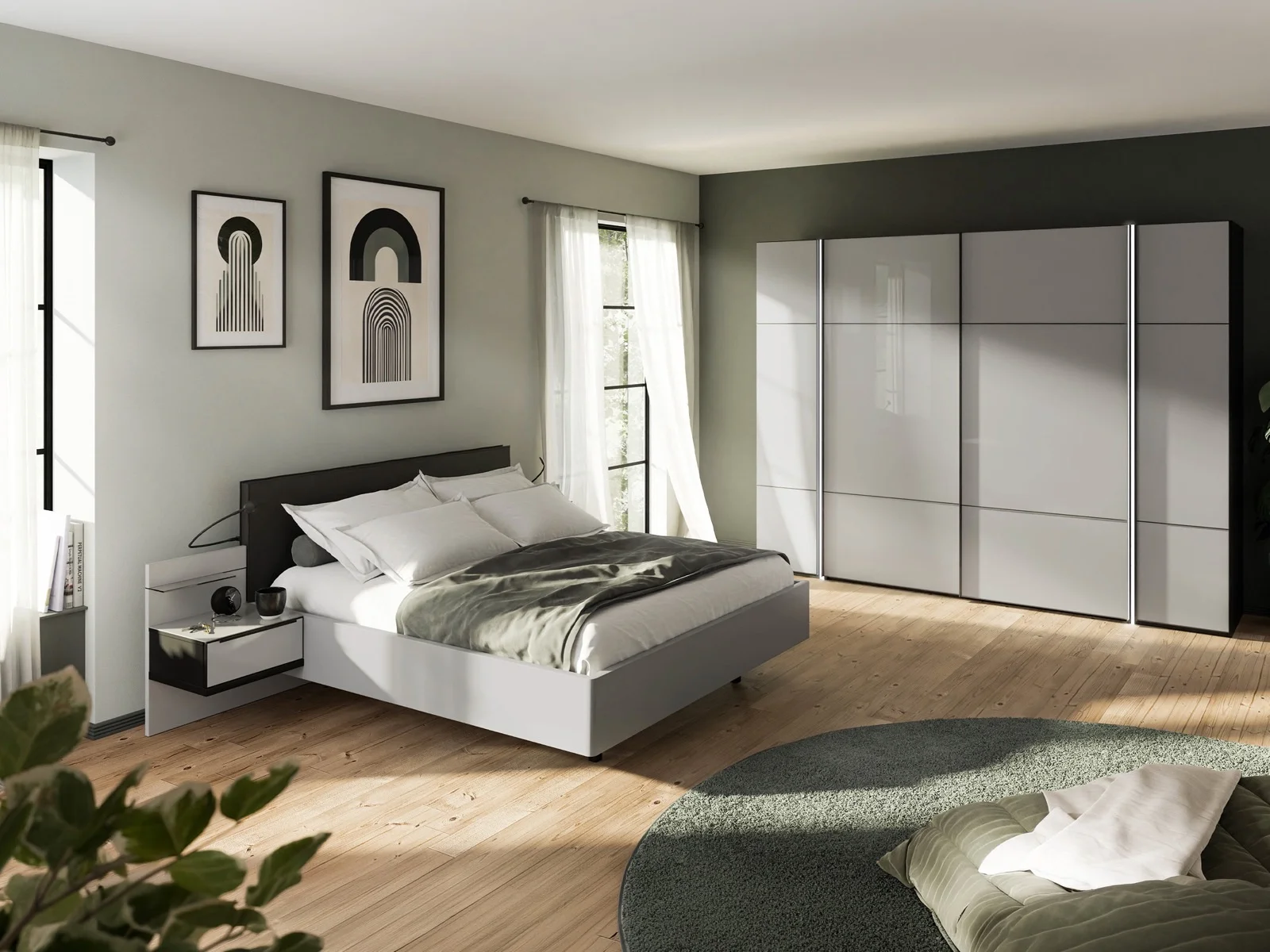 Grünes Schlafzimmer mit hochglänzendem Schiebetürenschrank — Nolte Möbel, Produktvisualisierung