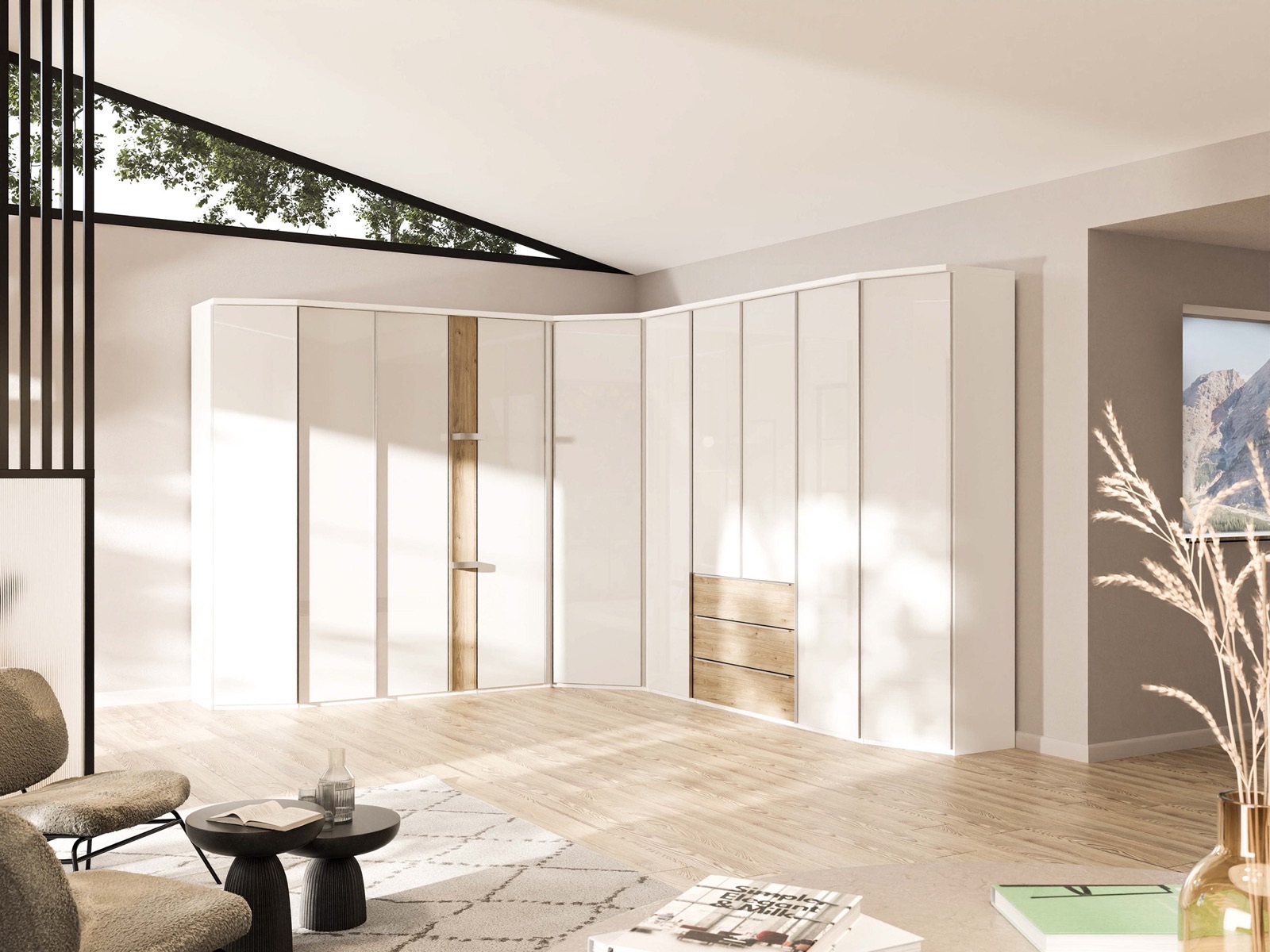 Eckschrank mit hellen Fronten unter Dachschräge — Nolte Möbel, Produktvisualisierung