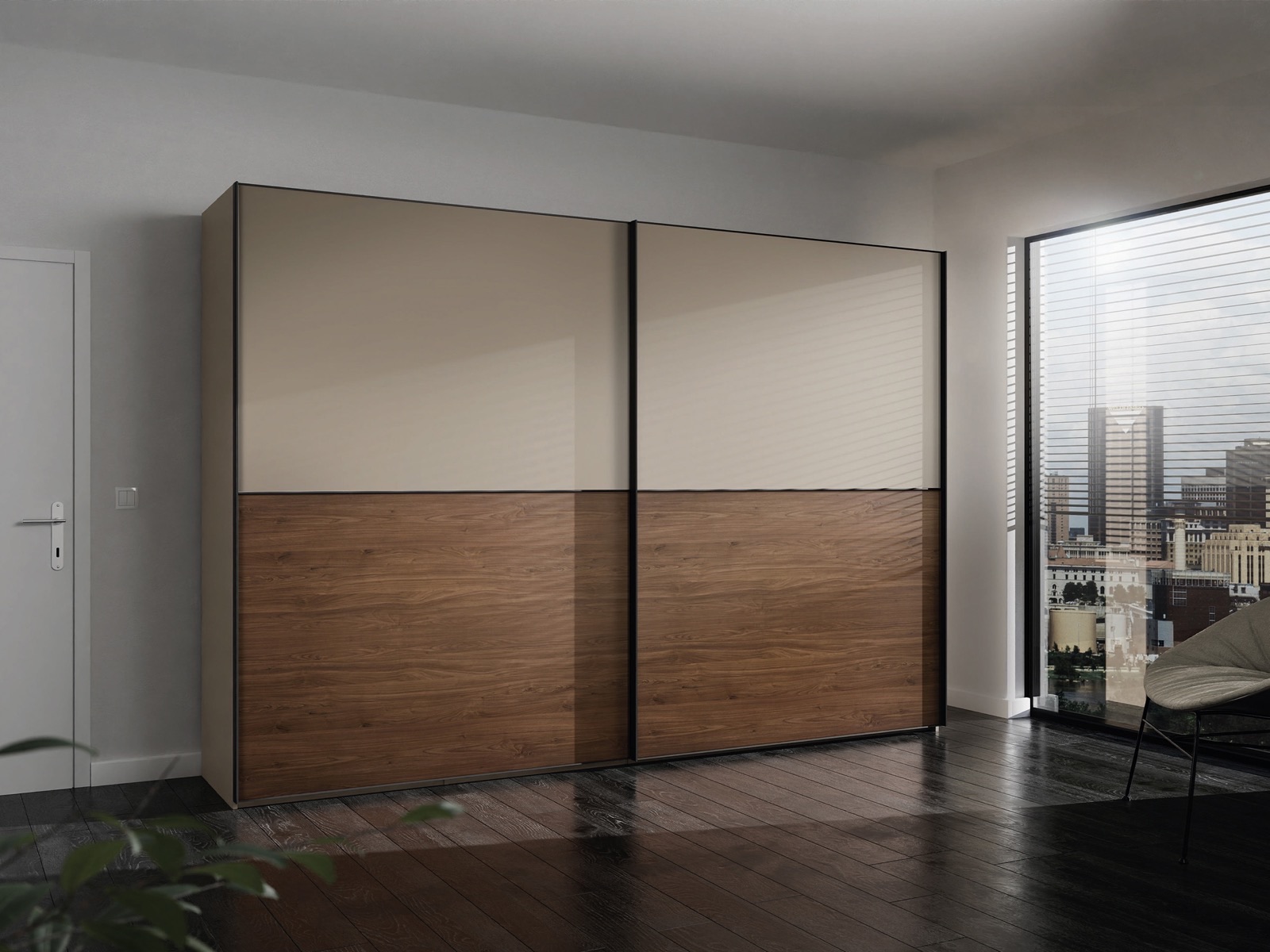 Schiebetürenschrank mit Nussbaumfront vor Panoramafenster — Nolte Möbel, Produktvisualisierung