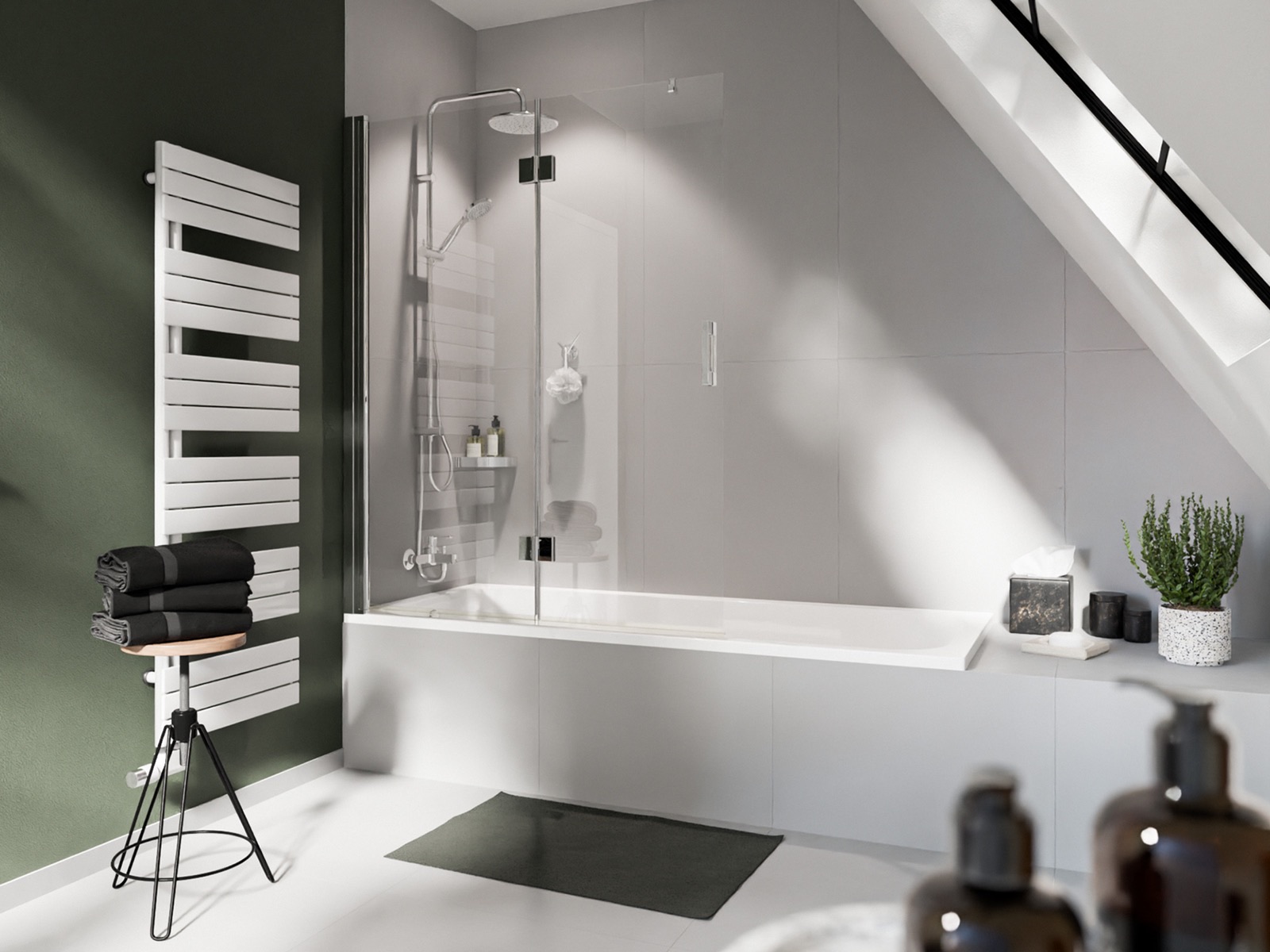 Badezimmer mit Dusche und Badewanne unter Dachschräge — Nolte Möbel, Produktvisualisierung