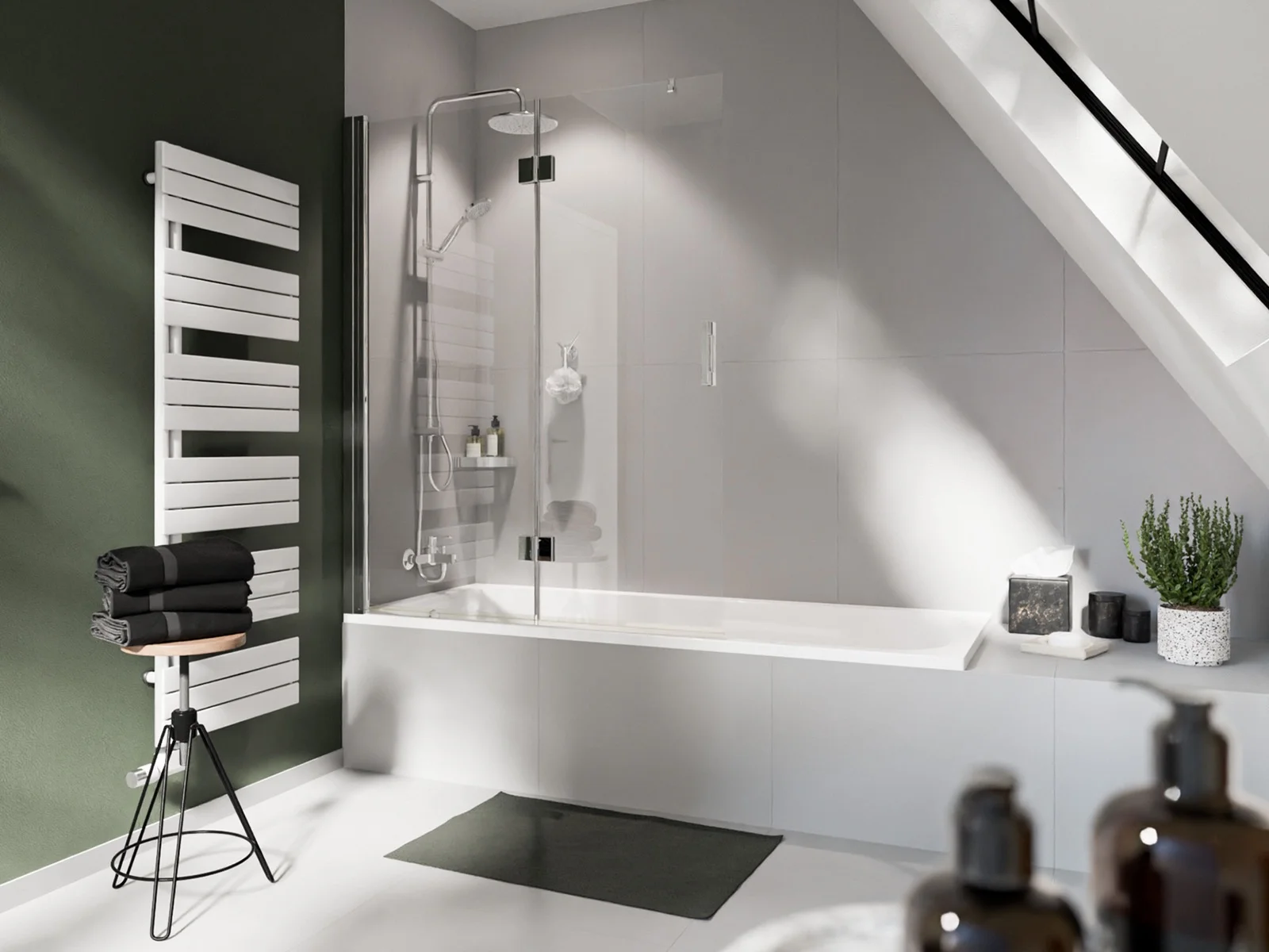 Badezimmer mit Dusche und Badewanne unter Dachschräge — Nolte Möbel, Produktvisualisierung