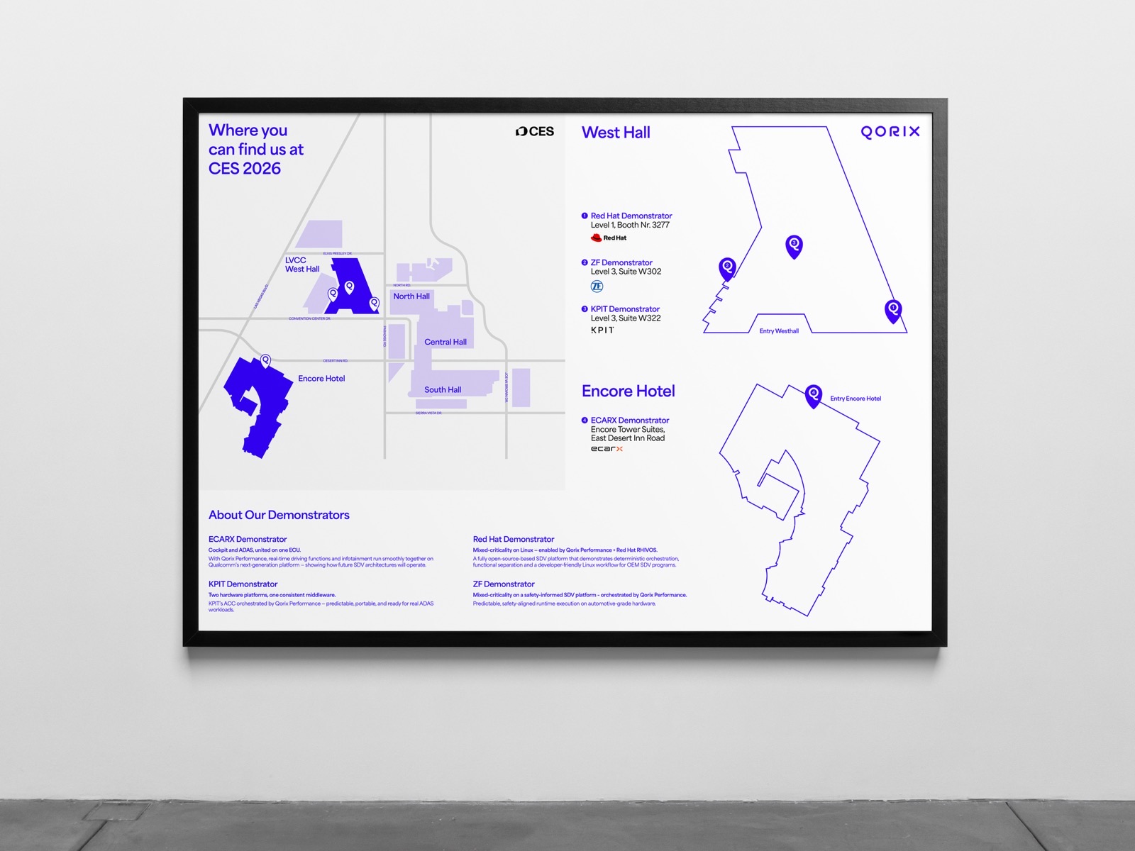 Wegeleitplakat für die CES 2026 mit Hallenplänen und Standorten — Qorix, laufende Designbetreuung