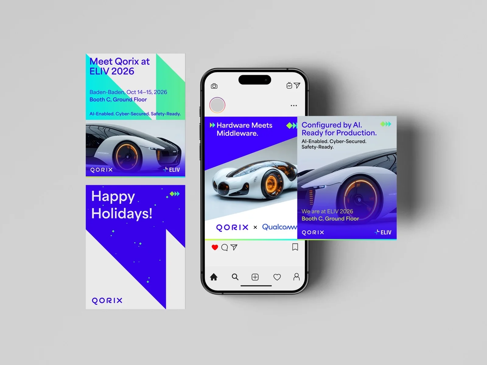 Social-Media-Motive und Messeankündigung im Erscheinungsbild — Qorix, laufende Designbetreuung
