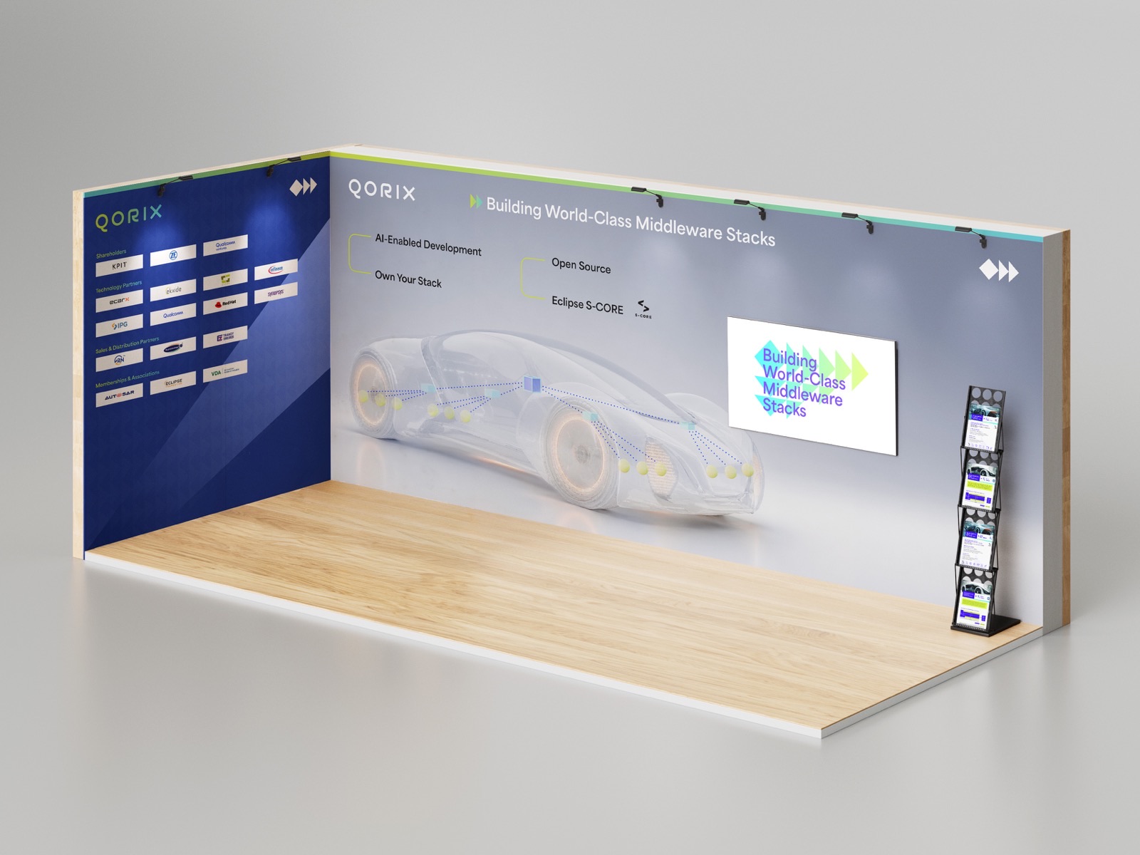 Messestand mit Rückwand, Bildschirm und Prospektständer — Qorix, laufende Designbetreuung