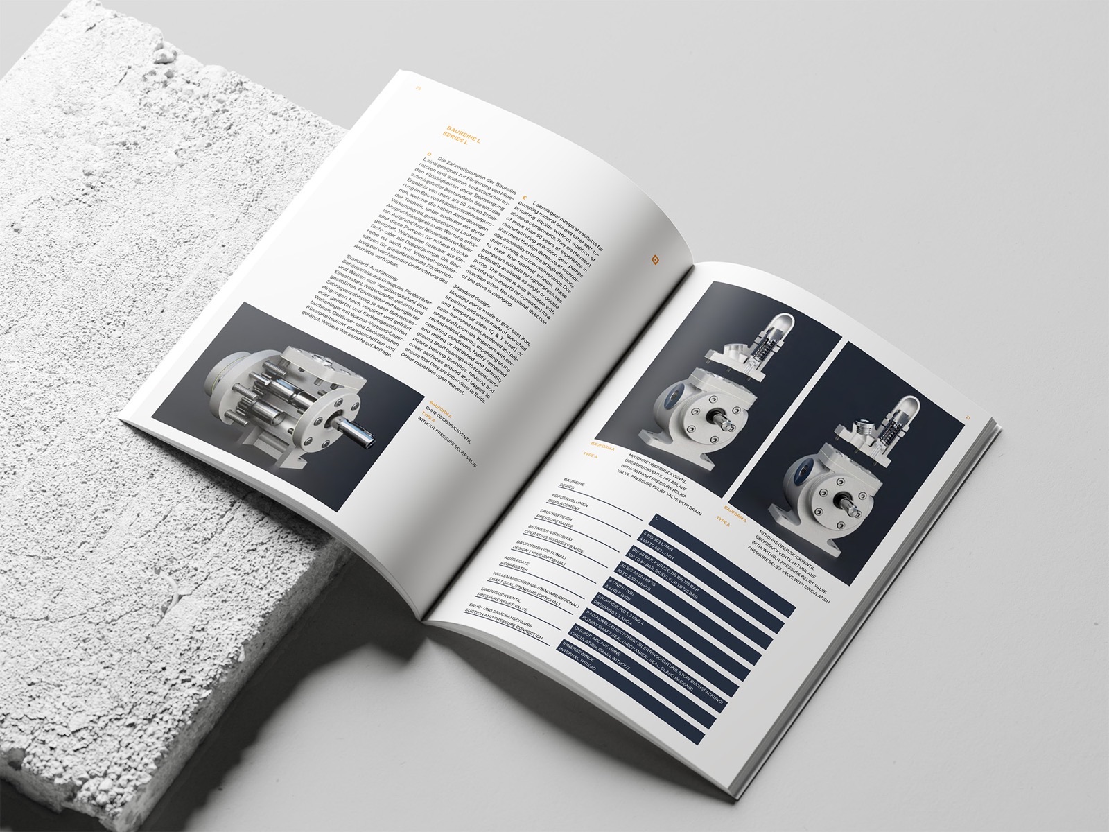 Aufgeschlagener Produktkatalog auf einem Betonquader — ZPM Mannheim, Katalog und 3D-Visualisierung