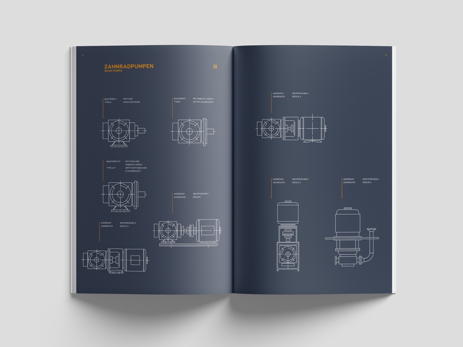 Katalogdoppelseite Zahnradpumpen mit technischen Strichzeichnungen — ZPM Mannheim, Editorial Design