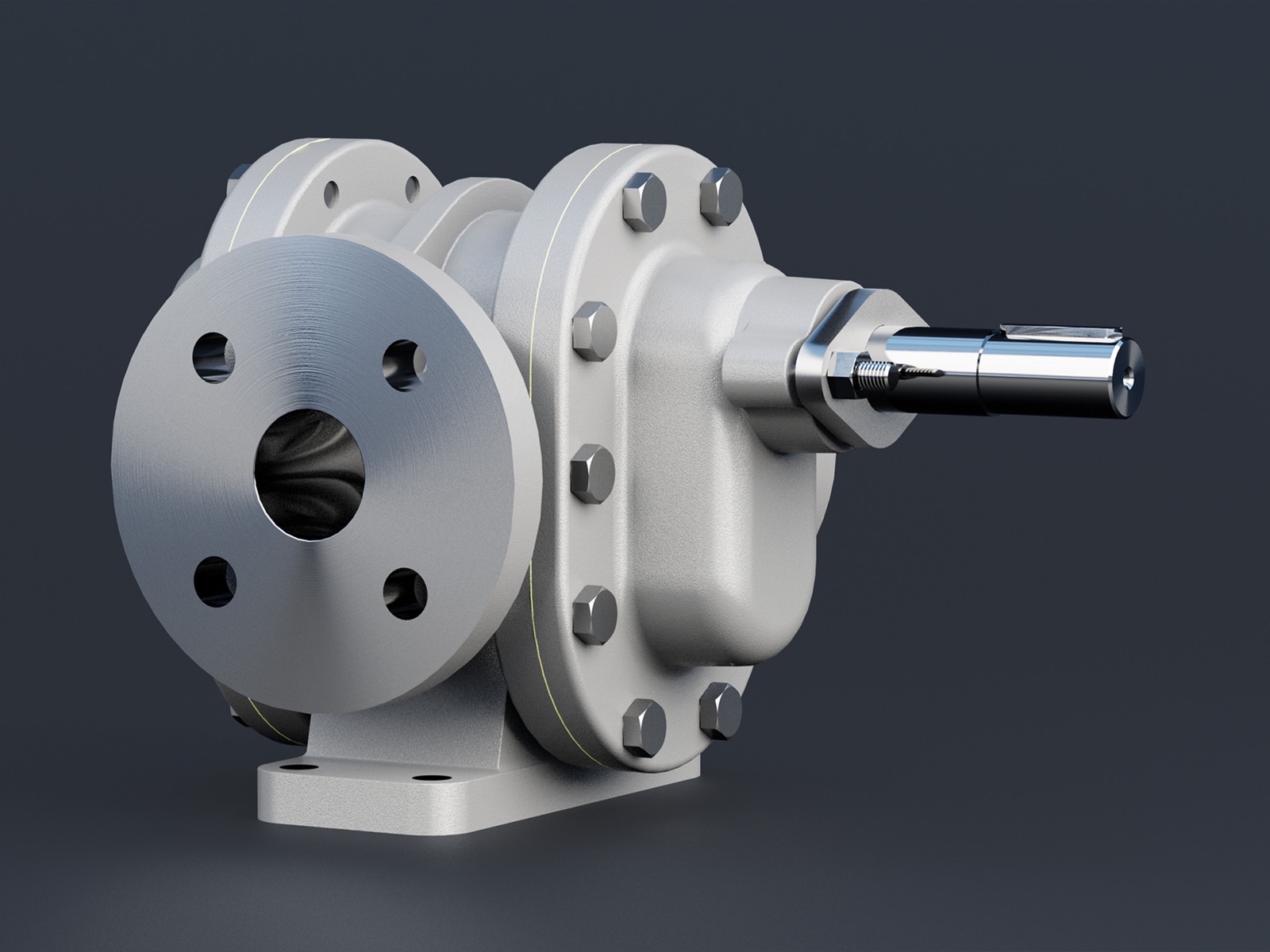 Zahnradpumpe mit Flansch und Antriebswelle, schräge Ansicht — ZPM Mannheim, 3D-Visualisierung