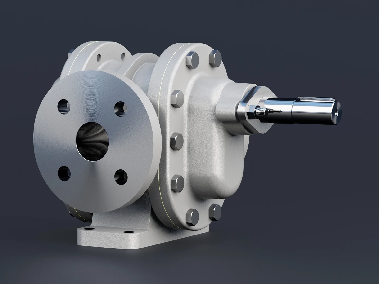 Zahnradpumpe mit Flansch und Antriebswelle, schräge Ansicht — ZPM Mannheim, 3D-Visualisierung