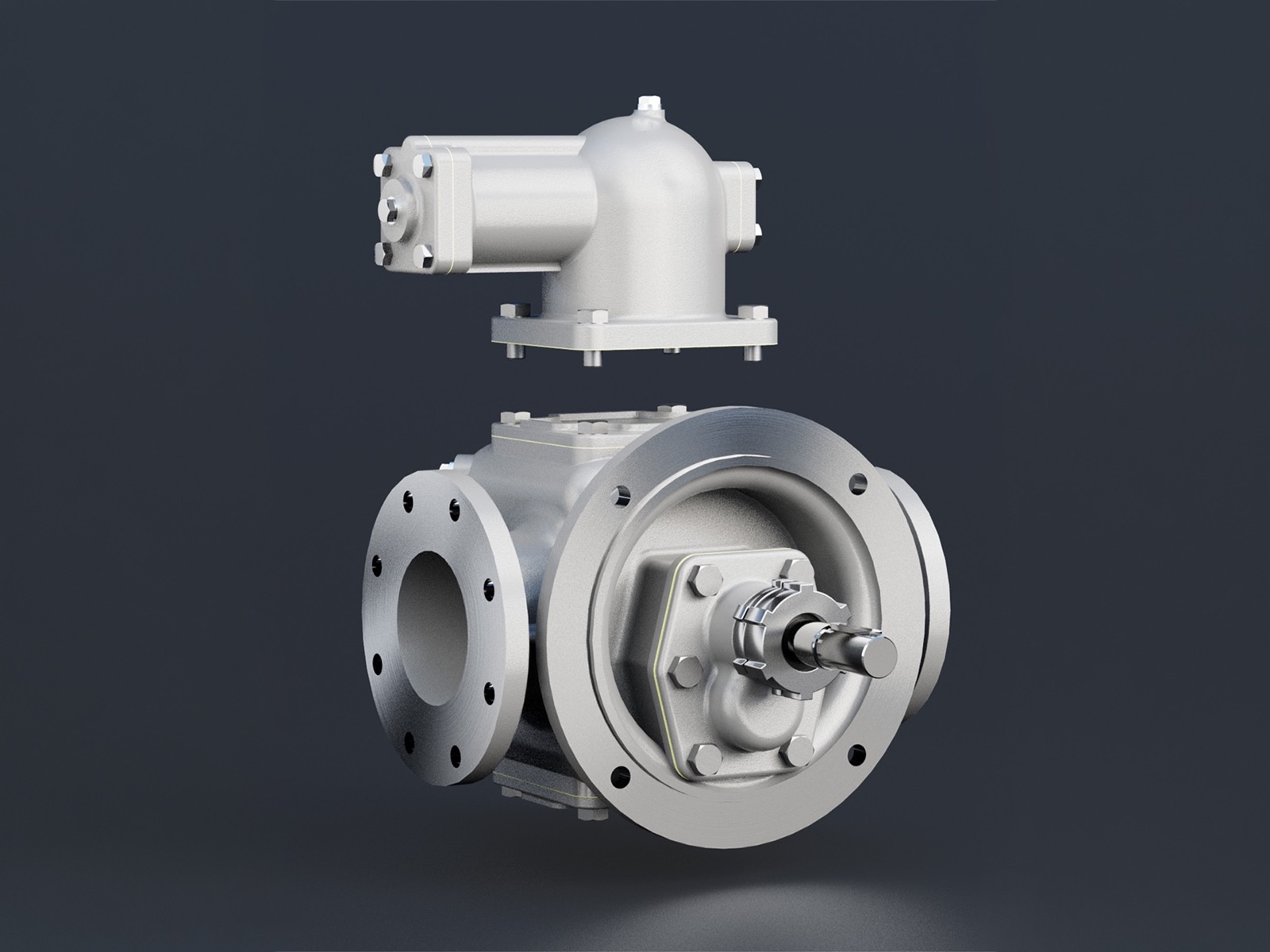 Pumpe mit aufgesetztem Ventilblock, Flansch nach vorn — ZPM Mannheim, 3D-Visualisierung